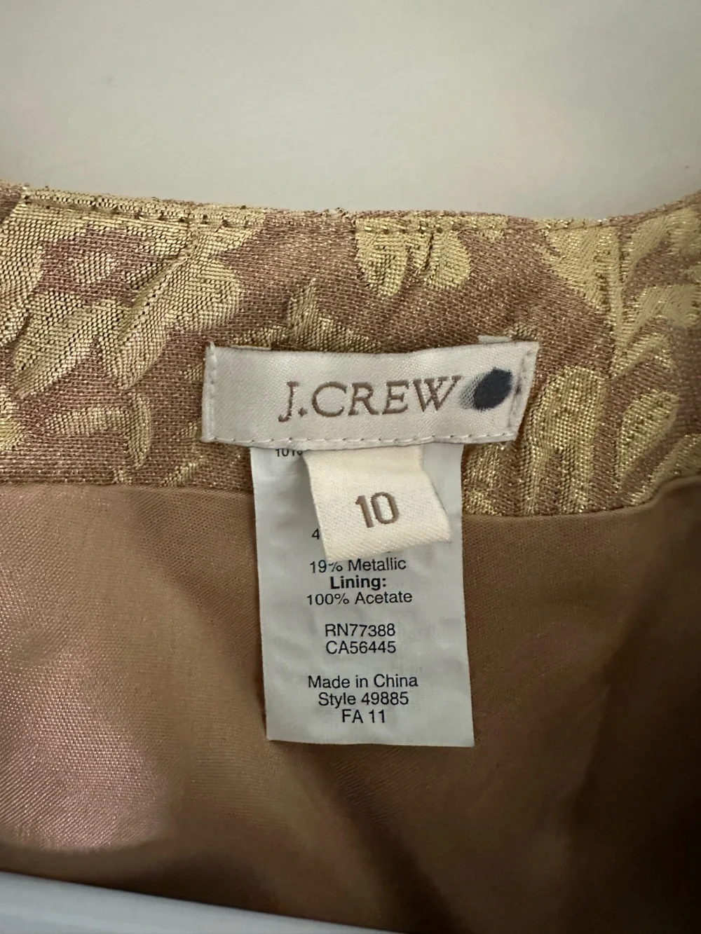 J Crew S 10 Gold Brocade Floral Dress Cocktail Formal cap Sleeve Silk Scoop Neck